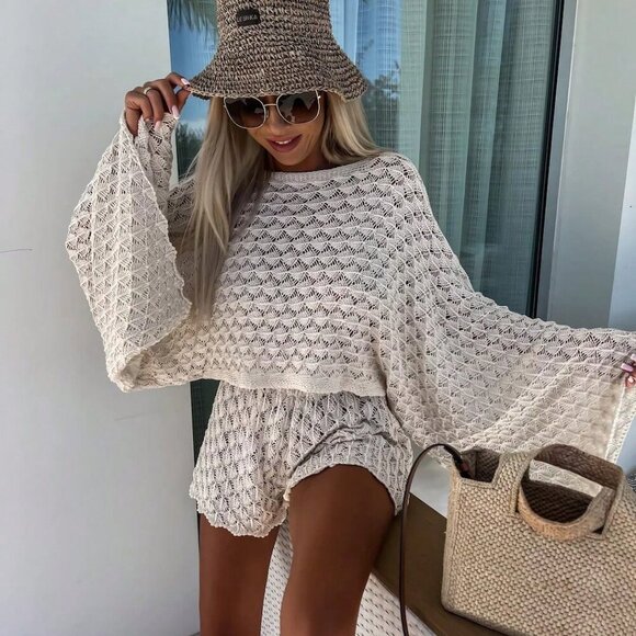 Apricot boho Women's Hollow Out Round Neck Long Sleeve Knit Sweater & Short set - Picture 2 of 5